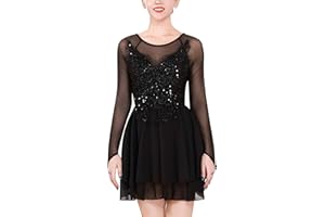 ODASDO Figure Skating Dress for Women Mesh Long Sleeve Criss Cross Back Sequin Bead Chiffon Skirted Leotard Dancewear