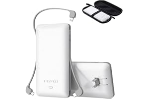 LIPSWEET Portable Power Bank, Slim 10000mAh Portable Charger, USB C Fast Charging External Battery Pack with Built-in Cables AC Wall Plug Compatible with iPhone Samsung etc