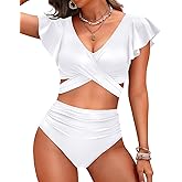 Women High Waist Bikini Sets - Two Piece Ruffle Tummy Control Swimsuits Bathing Suit
