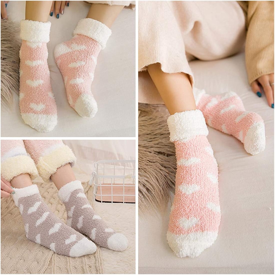 Fluffy Socks for Women and Girls - Soft Fuzzy Comfy Winter Warm Thicken Cozy Home Slipper Bed Socks Heart Pattern for Ladies - Image 4