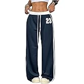 BEAUDRM Women's Y2k Number Graphic Baggy Pants Side Striped Wide Leg Drawstring Waist Loose Track Pants Trousers Streetwear