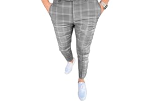 PERCLE Men's Fashion Stretch Dress Pants Slim Fit Plaid Skinny Long Pants Casual Business Golf Dress Pants
