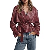 chouyatou Women's Fall Belted Faux Leather Jacket Modo Business Casual Faux Leather Short Trench Coat