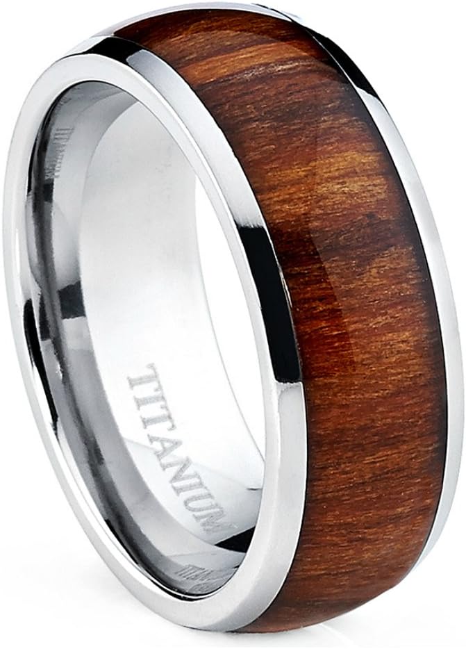 Oliveti Titanium Ring for Men with Real Santos Rosewood Inlay Comfort Fit Ring Size 6-15