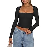 REORIA Women's Basic Sexy Square Neck Long Sleeve Y2K Going Out T Shirt Crop Top