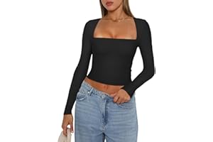 REORIA Women's Sexy Square Neck Long Sleeve Y2K Going Out T Shirt Crop Top