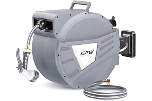 GOFORWILD Retractable Garden Hose Reel, 1/2 Inch x 90 ft Wall Mounted Water Hose Reel with L-shaped and Straight Hose Nozzles, 180°Swivel Bracket, Slow Rewind System, Any Length Lock