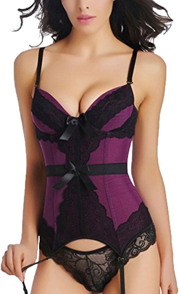 Zooma Womens Basque Corset Top with Suspenders Belt and G String Lingerie Set Bustier Waist Training