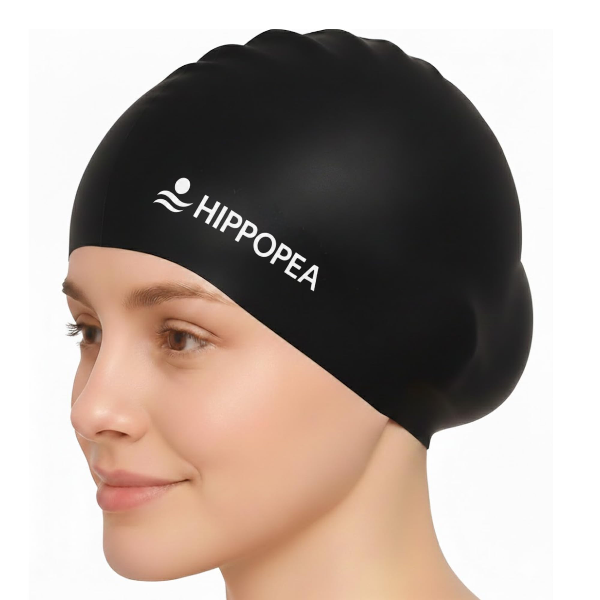 Photo 1 of HIPPOPEA Extra Large Silicone Swim Cap for Long Hair, Dreadlocks, Braids, Weaves, Extensions, Curly Afro, 3D Ergonomic Anti Slip Swimming Cap for Women Men Boy Girl (2. Black - Basic (L))