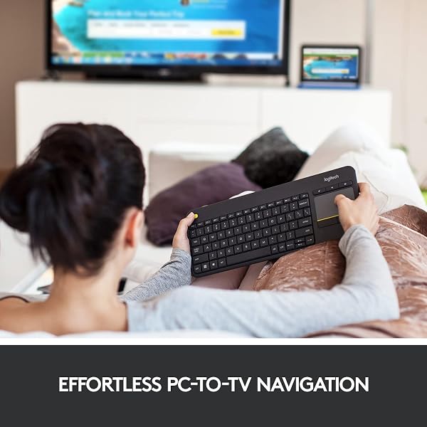 LOGITECH K400 PLUS WIRELESS TOUCH TV KEYBOARD WITH EASY MEDIA CONTROL AND BUILT-IN TOUCHPAD, HTPC KEYBOARD FOR PC-CONNECTED TV, WINDOWS, ANDROID, CHROMEOS, LAPTOP, TABLET – BLACK