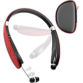 Dpvisn Bluetooth Neckband Headphones, Foldable Wireless Lightweight Neck Headset with Retractable Earbuds, Noise Cancelling Sweatproof Stereo Earphones with Mic & Carrying Case (Red)