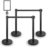 REGRACENLO Crowd Control Stanchions w/Retractable Belt Sign Topper 4 Pack | 6.6ft / 2m Retractable Belt Barriers with Durable Refillable Enlarged Base for Crowd Control &amp; Queue Management