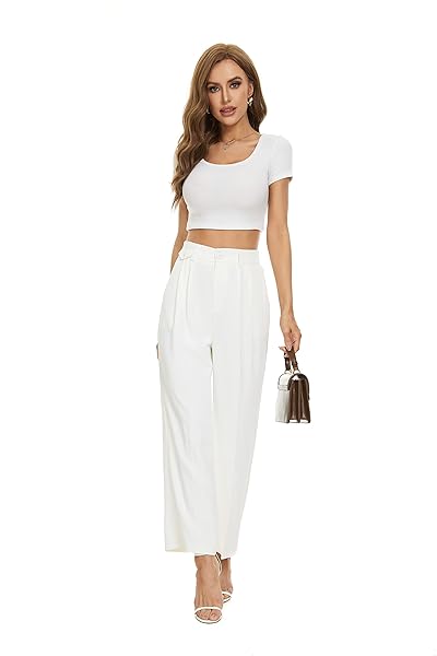 FUNYYZO WOMEN LOOSE PLEATED FRONT PANTS WIDE LEG CROPPED STRAIGHT TROUSERS WITH FAKE POCKET IN THE WAIST WHITE