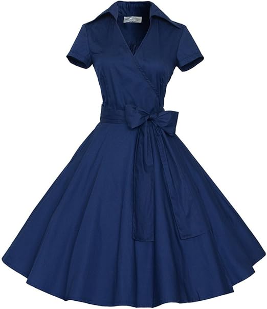 Amazon Comvip ファッション ドレス レトロ おしゃれ レディース ワンピース 半袖 ゆったり エレガント 綺麗 パーティー 結婚式 ブルー Xl ワンピース チュニック 通販