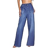 PAOLA RIBONI Women's Drawstring Wide Leg Jeans High Waisted Loose Fit Denim Pants Polyester