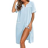 Ekouaer Nightgowns for Women Cotton House Dress with Pockets Button Down Night Gown Short Sleeve Duster Housecoat S-3XL