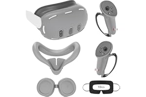 Relohas Deluxe 5 in 1 Silicone Accessories for Meta Quest 3, VR Protective Case Set for Oculus Quest 3, Controller Grip Cover, VR Shell Cover, Face Cover, Gifts for Christmas & Halloween (Grey PT)