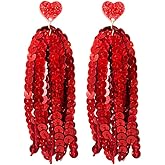 2026 Valentine's Day Glitter Tassel Earrings Colorful Shiny Heart Stud Earrings Holiday Long Tassel Drop Dangle Earrings