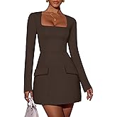 ZESICA Women's 2026 Spring Long Sleeve Bodycon Mini Dress Casual Square Neck Slim Fit Cocktail Party Short Dresses