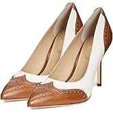 SHODENSE Women Pointed Toe Stiletto Heel Pumps Oxford Slip On High Heels Two Tone Perforated 4 inch Stiletto High Heels Pointy Closed Toe Dress Heels Wingtips Vintage White Brown 7 M US
