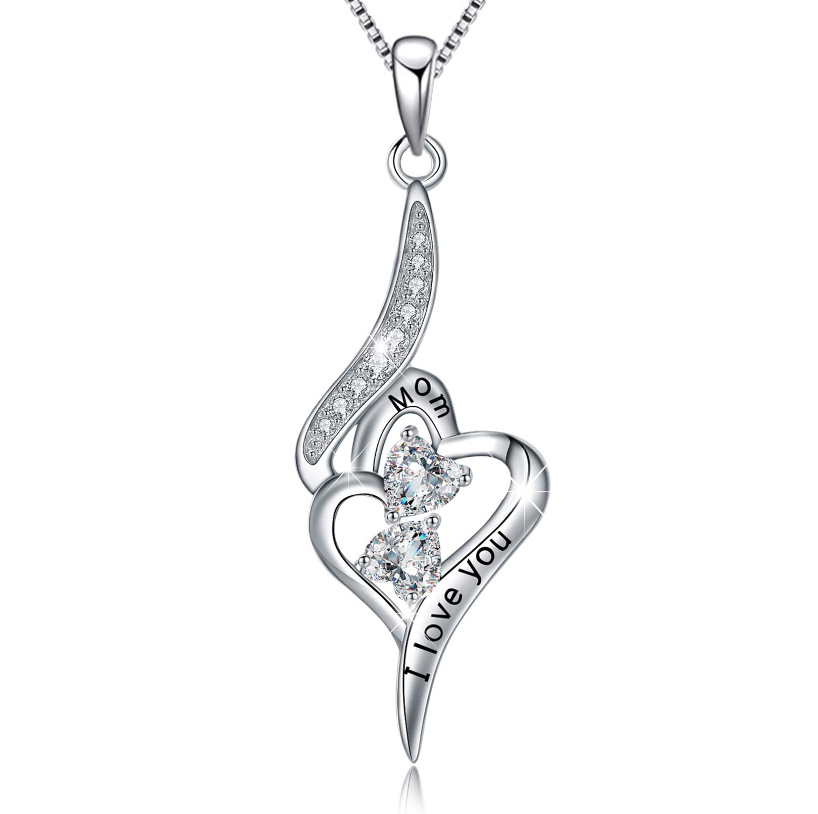 EURYNOME 925 Sterling Silver I Love You Mom Necklace Double Heart Pendant Necklaces Mothers Birthday Gifts Jewellry for Women Mum