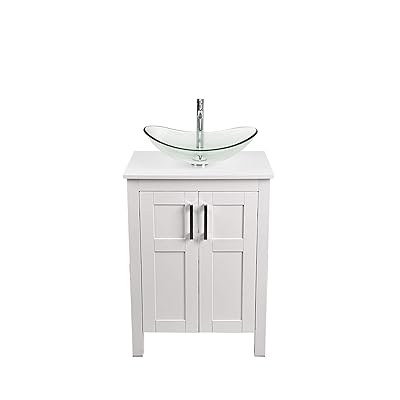 Buy 24 Inches Traditional Bathroom Vanity Set In White Finish Single Bathroom Vanity With Top And 2 Door Cabinet Boat Tempered Glass Clear Sink Top With Single Faucet Hole Online In Greece B08gpt9zp1