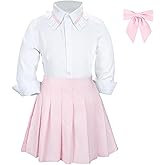 Billion Xin Girls' School Uniform Skirt Set,Girls Bow Tie Long Sleeve Button Shirt Top with Pleated Mini Skirt