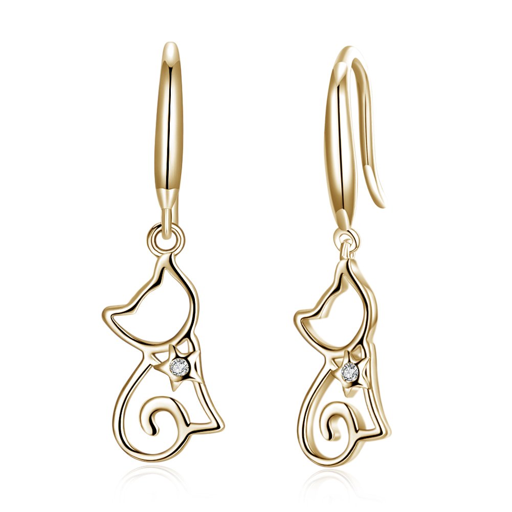 Belons Womens Earrings 925 Sterling Silver Cubic Zirconia Cat Drop Earrings Kitten Dangles for Ladies Girls, Silver/Champaign Gold