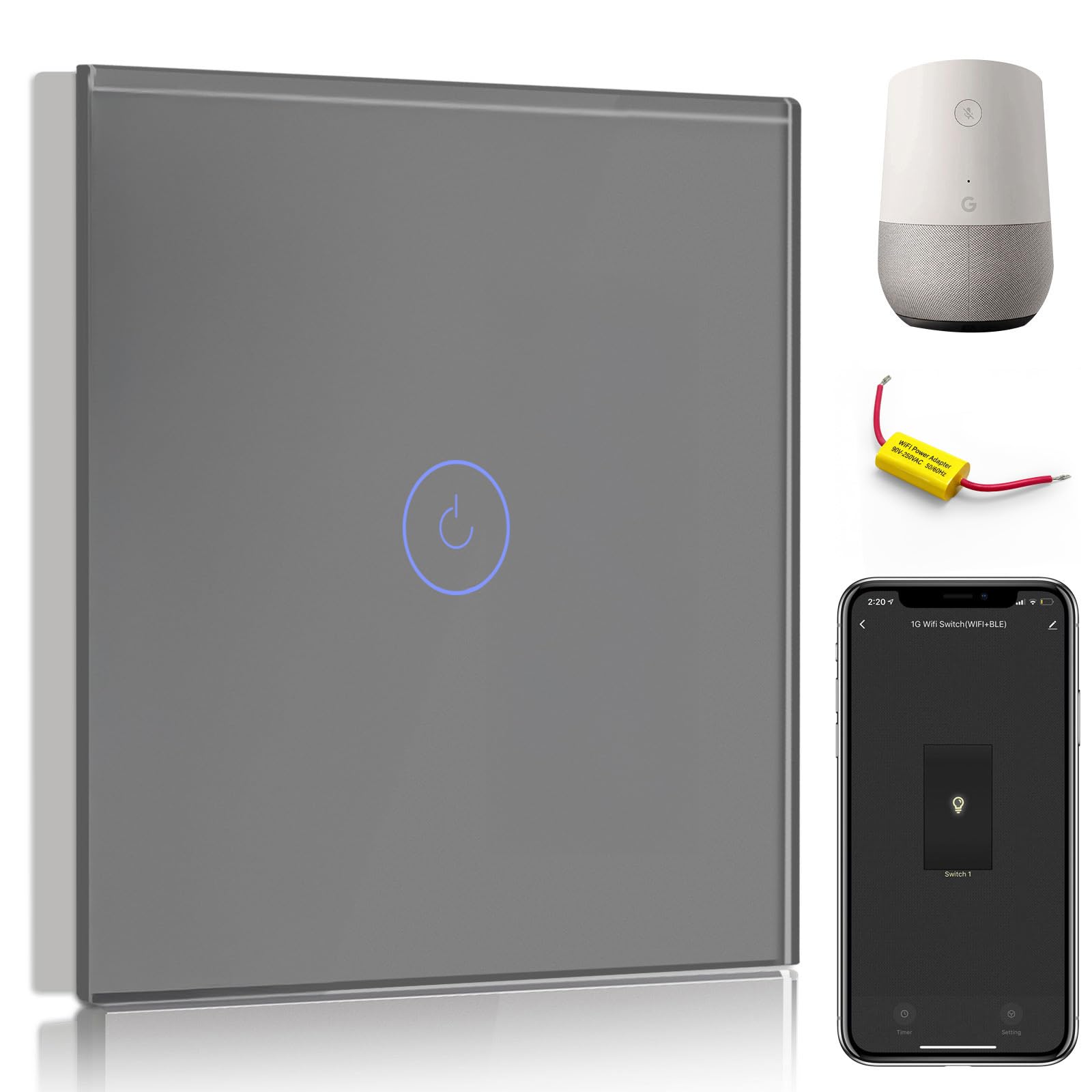 BSEED WiFi Touch Switch Grey,1 Gang 1 Way Smart Light Switch Compatible with Alexa and Google Home,with Smart Life Remote Control(No Hub Required)-No Need Neutral Wire — image 1
