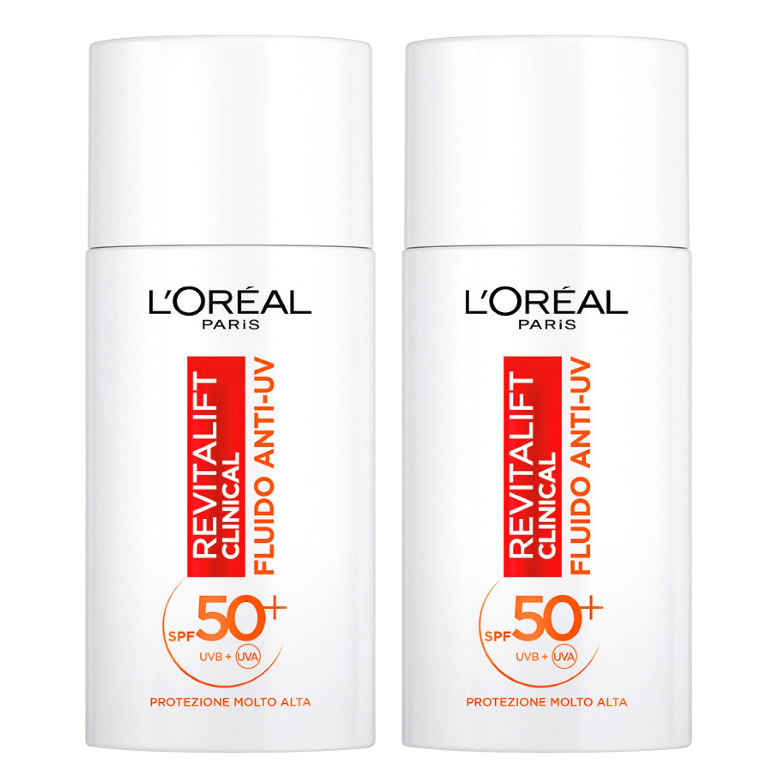 L'Oréal Paris Revitalift Clinical Anti-UV Face Fluid SPF 50+ Sun Protection with Netlock Technology Formula with Vitamin C Antioxidant and Anti-Age Action Ultra Light Texture - 2x 50ml Bottles