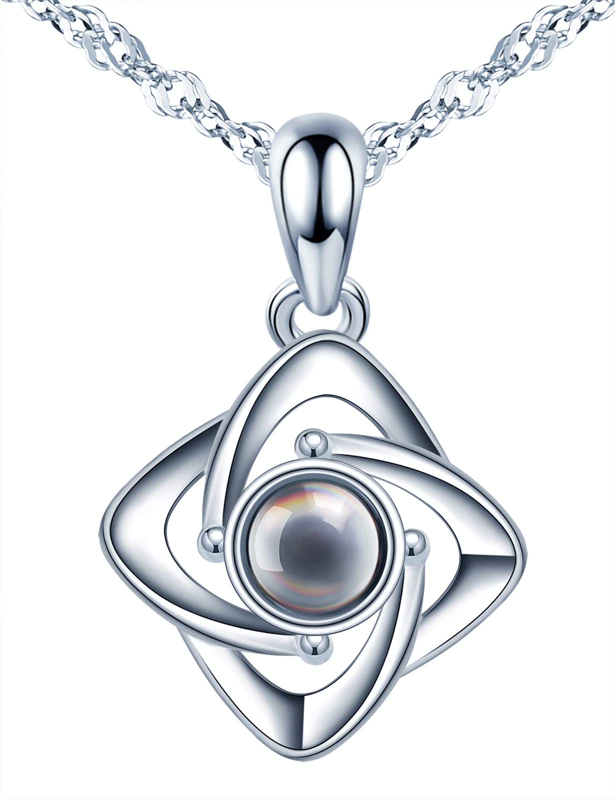 CPSLOVE Women's Necklace pendant, Women's Girl's 999 sterling silver Necklace Pendant, flower necklace, Black Nano Stone with 100 languages "I love you" projection