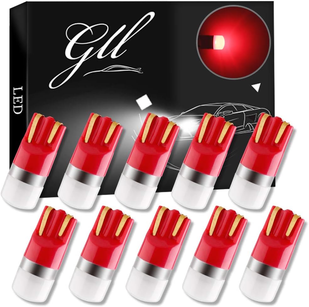 GLL T10 LED Bulbs Red W5W 501 LED Bulbs 3030-1SMD with Lens 60 Lumens for Car LED Lights Bulbs Side Light Bulbs Number Plate Light Parking Light Interior Light (Pack of 10)