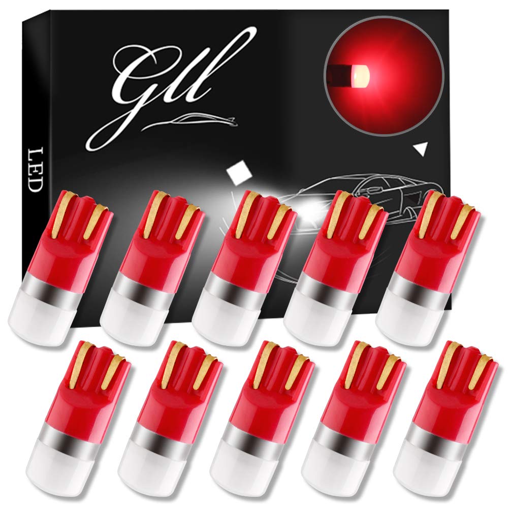 GLL T10 LED Bulbs Red W5W 501 LED Bulbs 3030-1SMD with Lens 60 Lumens for Car LED Lights Bulbs Side Light Bulbs Number Plate Light Parking Light Interior Light (Pack of 10)