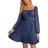 Wenrine Women's Mesh Long Sleeve Square Neck Dress High Waist A Line Ruffle Hem Flowy Casual Party Mini Dress