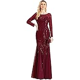 Long Sleeve Sequin Evening Dress Glitter Mermaid Long Gown for Mother of The Bride Or Wedding Guest