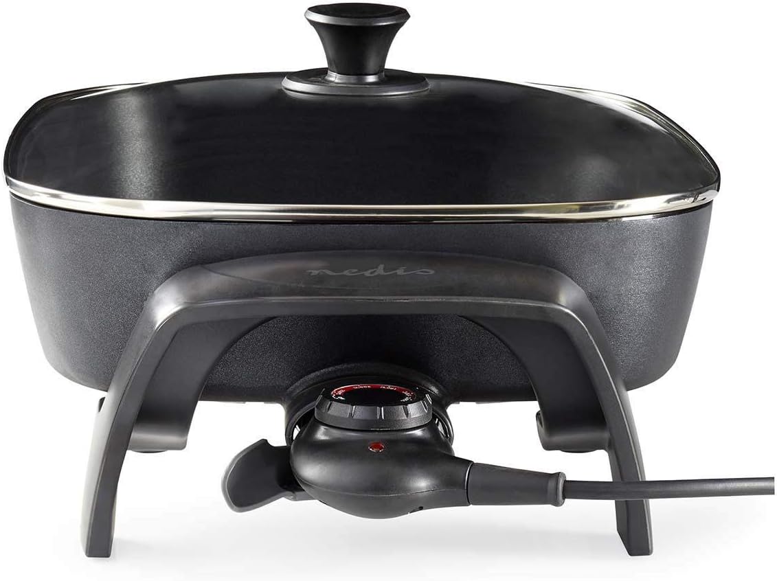 NEDIS Non-Stick Electric Skillet with Glass Lid, Multifunctional, 40 cm Diameter, Dishwasher Safe, Black Cast Aluminium - Image 4