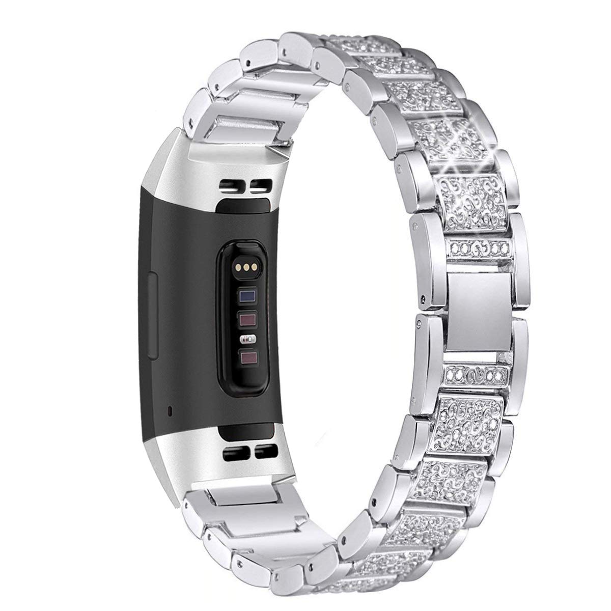 Photo 1 of Mtozon Bling Bands Compatible with Fitbit Charge 6/Charge 5, Dressy Metal Bracelet Luxurious Rhinestone Replacement Wristband for Women, Silver