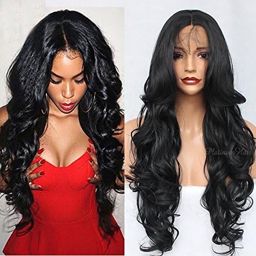 Hot! PlatinumHair 180Density #1B Long Wavy Wigs Synthetic Lace Front Wigs 10% Human Hair+90% Synthetic Fiber Wigs With Baby Hair 26Inch