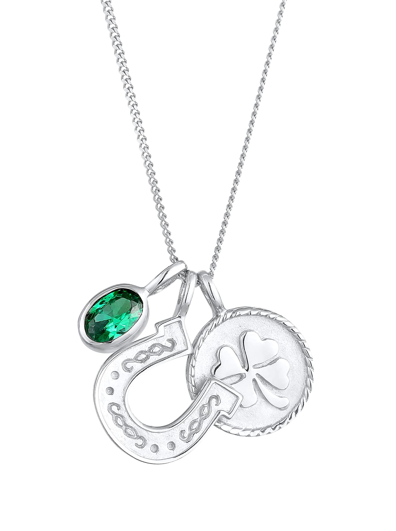 Women's Necklace with Lucky Clover Pendant (12 mm), Horseshoe Motif and Cubic Zirconia Solitaire Made of 925 Sterling Silver, Chain with Symbol Pendant for Women