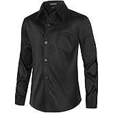 Spring&Gege Boys Shiny Satin Dress Shirts Sateen Long Sleeve Wrinkle-Free Solid Formal Wedding Button Down Shirts