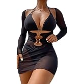 WDIRARA Women's 3 Pieces Tie Back Halter Triangle Bikini Swimsuit with Ring Linked Coverup