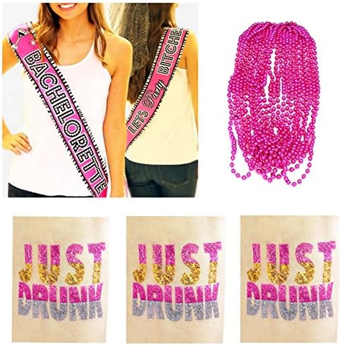 Bachelorette Sash Kit Bundle (16 Items):12 Piece Hot Pink Metallic Beads and 3 Piece Just Drunk Temporary Tattoo