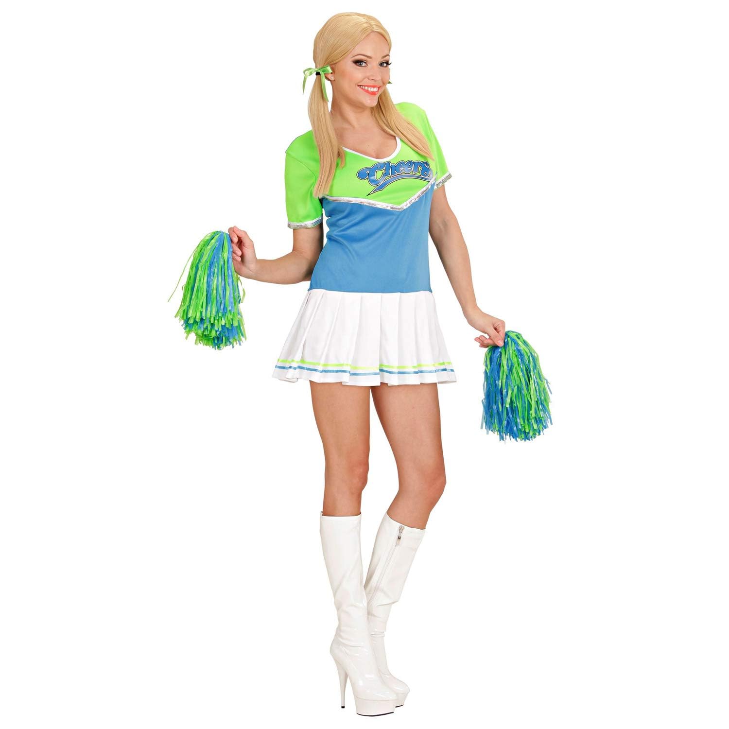 Widmann 79132 79132 Cheerleader Costume, Dress with 2 Poms, School, Sports, Schoolgirl, Carnival, Theme Party, Women, Green/Light Blue, M