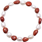 Joseph Brothers 8-9 MM Red Jasper Beads Mixed Cultured Baroque Pearls Stretch Bracelet 7 Inch