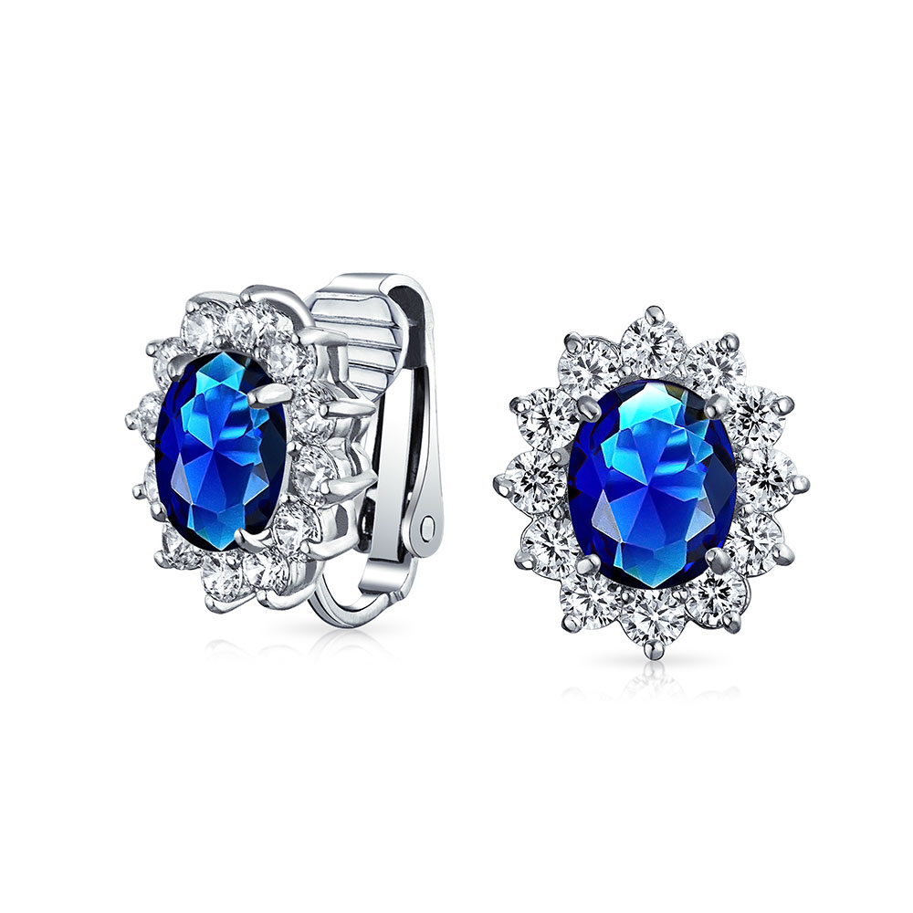 Fashion Formal Holiday Party Bridal Oval Simulated Sapphire Royal Blue Cubic Zirconia Halo Crown AAA CZ Stud Clip On Earrings For Women Wedding Non Pierced Ear Silver Plated — image 1