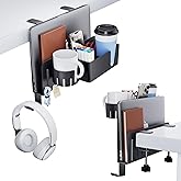 KDD 7 in 1 Desk Side Organizer Set, Under Desk Laptop Holder Storage, No Drill Laptop Stand Mount with 2 Cup Holder, Pen Holder, Headphone Hanger and 2 Pin Magnet, Detachable Hanging Stand