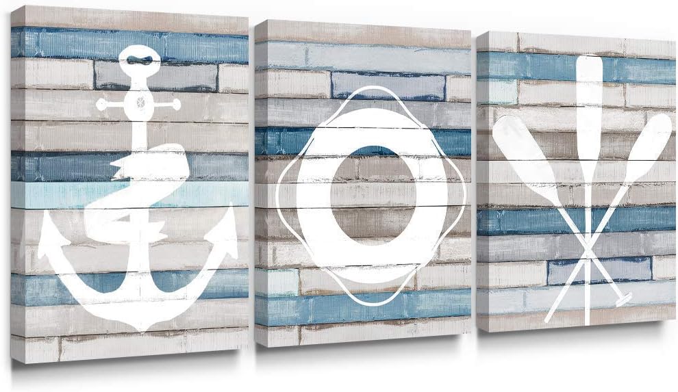 Paintings - Adecuado Bathroom Decor Wall Art Coastal Nautical Beach Decor Anchor Life Ring Boat Oar Decorations Blue Ocean Rustic Canvas Paintings for Living Room Bedroom Nursery 12x16 Inch, 3 Piece