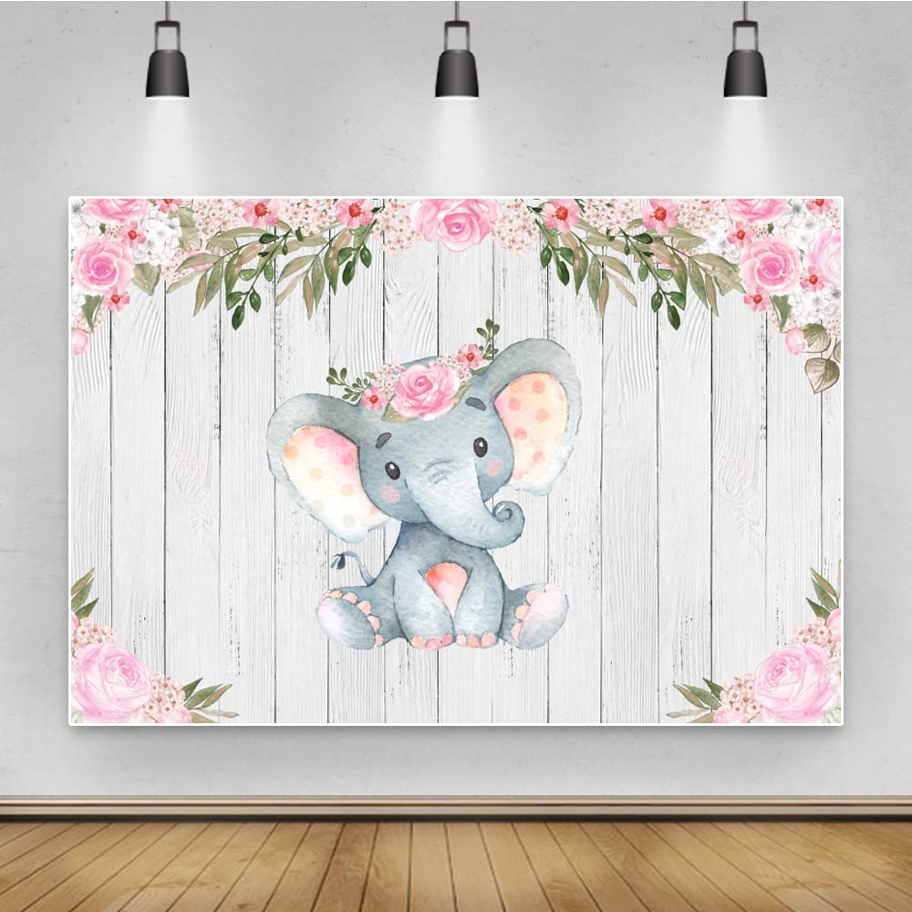 Renaiss 7x5ft Floral Elephant Baby Shower Backdrop Wood Pink Flower Photography Background It's a Girl Cake Table Banner Girl Kid Birthday Party Decoration Photo Booth Studio Props