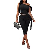BDFSGS Two Piece Sets for Women Sleeveless Off the Shoulder Tops High Waist Bodycon Capri Pants Summer Outfits Clubwear