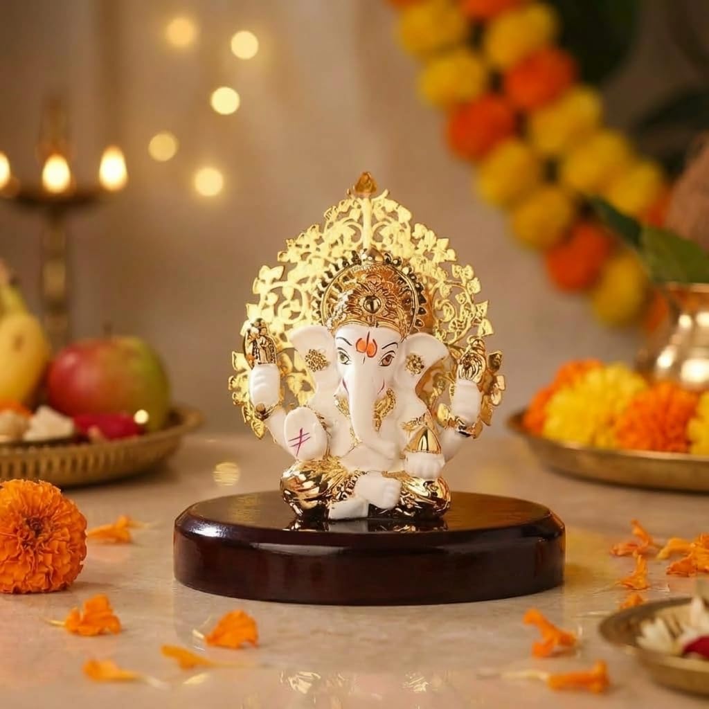 House Of Wemy 24k Gold Plated Ganesh Idol/Murti with Kalpavriksh Tree | Ganpati Statue for Car Dashboard, Office Table, Desk, Hindu Gifting and Home Aesthetic Decoration - Resin 4x3.2x1 Inches (White)